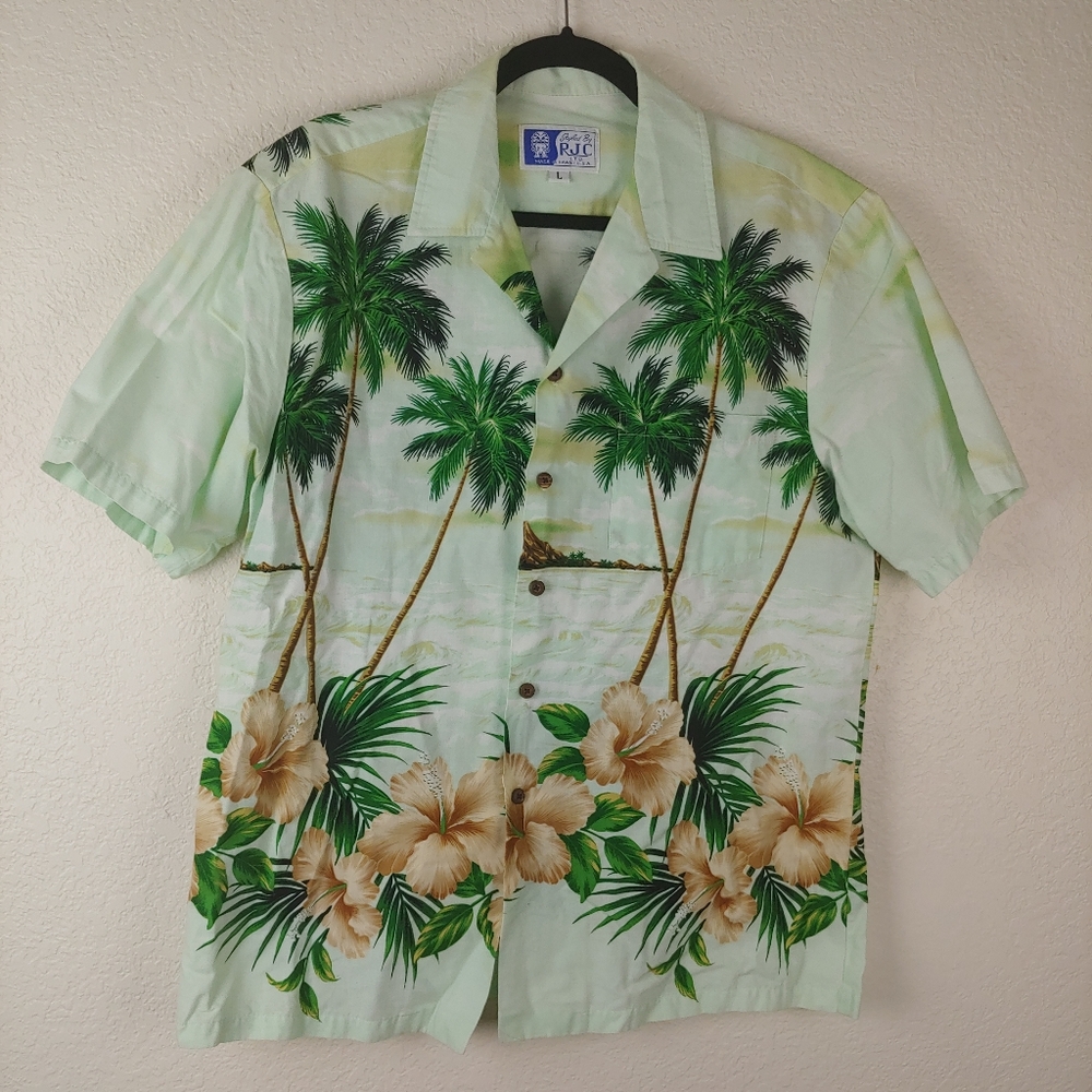 2/$15 Green Floral Palm Hawaiian Button Down Top
